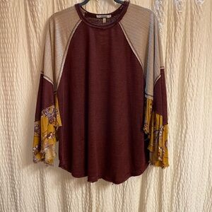 Gimmicks by BKE Burgundy and Mustard Long Sleeve Top
